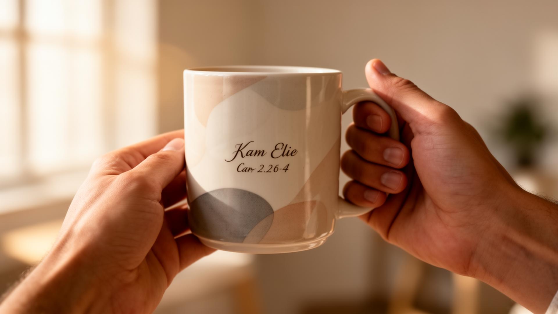 Manos sosteniendo una taza personalizada